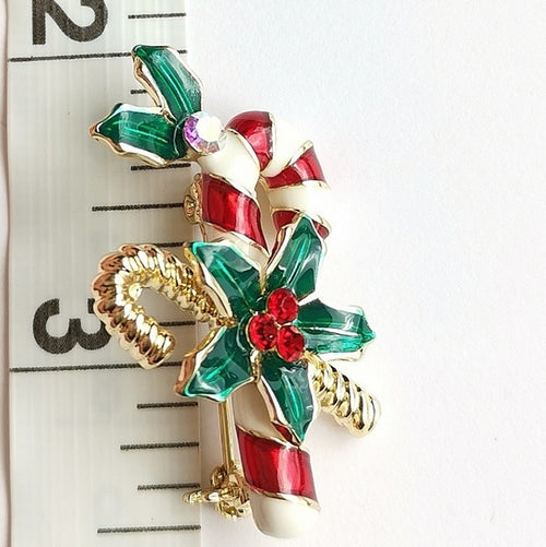 Christmas Candy Cane Brooch Enamel and Crystals