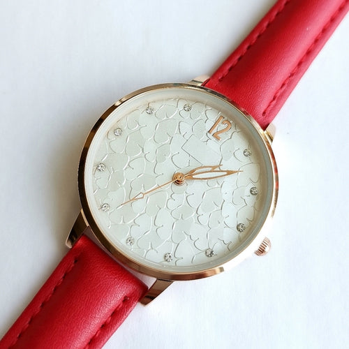 Textured White Faced Watch with Red Strap Quartz Movement