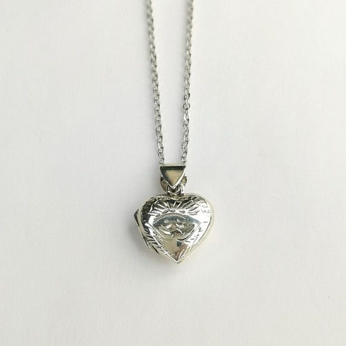 Sterling Silver Small Engraved Heart Locket Pendant Necklace