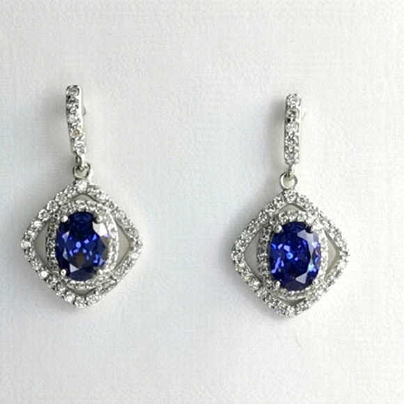 Blue and White Sapphire Halo Drop Earrings in Sterling Silver