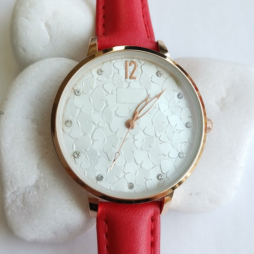 Textured White Faced Watch with Red Strap Quartz Movement