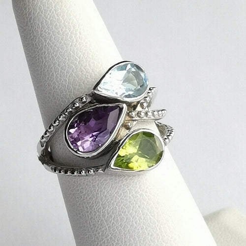 3 Gemstone Ring Peridot, Amethyst, Topaz in Sterling Silver