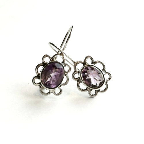 Amethyst Flower Drop Earrings in Sterling Silver