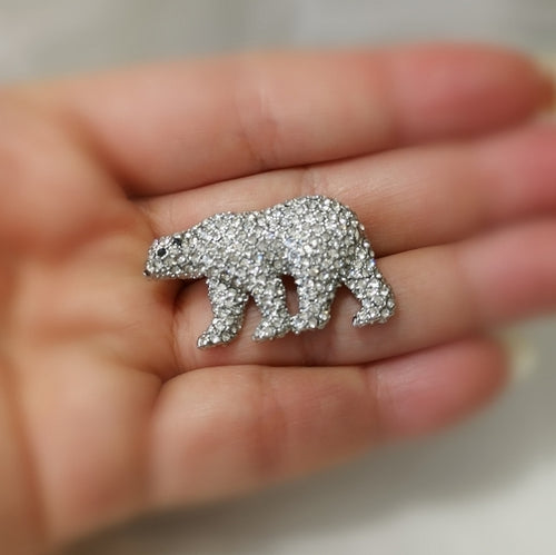 Crystal Polar Bear Brooch in Silver Tone