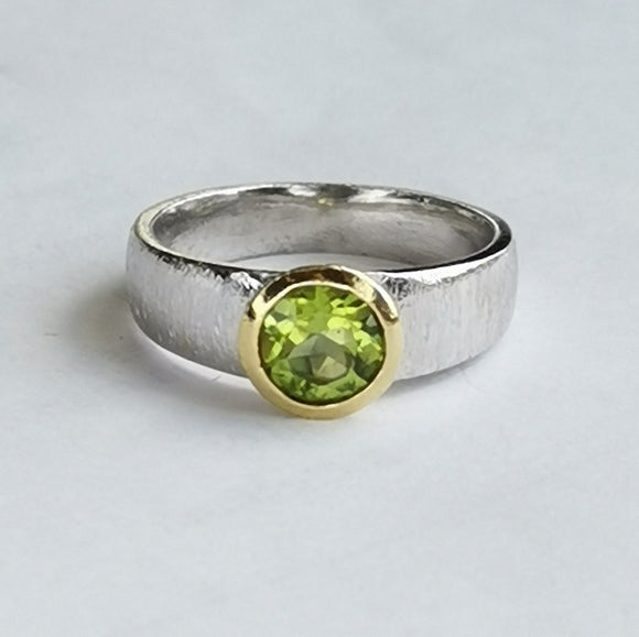 Peridot Ring in Brushed Sterling Silver with 14k gold accent