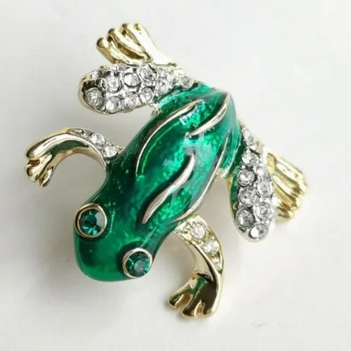 Green Crystal and Enamel Frog Brooch