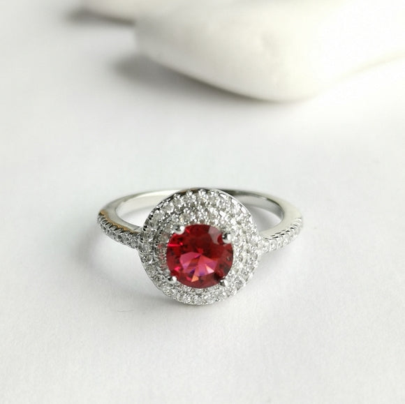 Ruby CZ Halo Ring in Sterling Silver