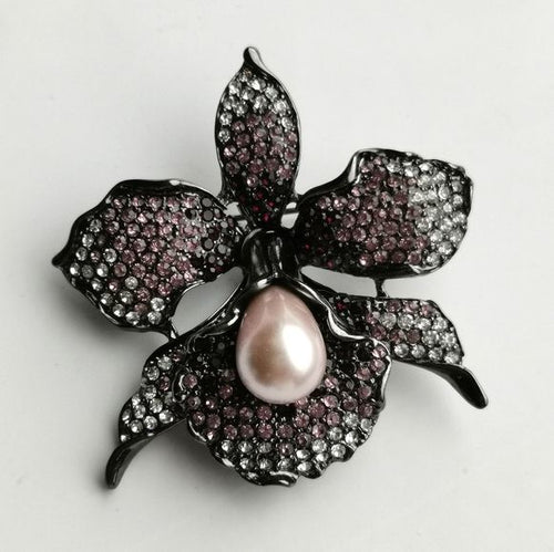 Purple Orchid Crystal and Pearl Brooch / pin