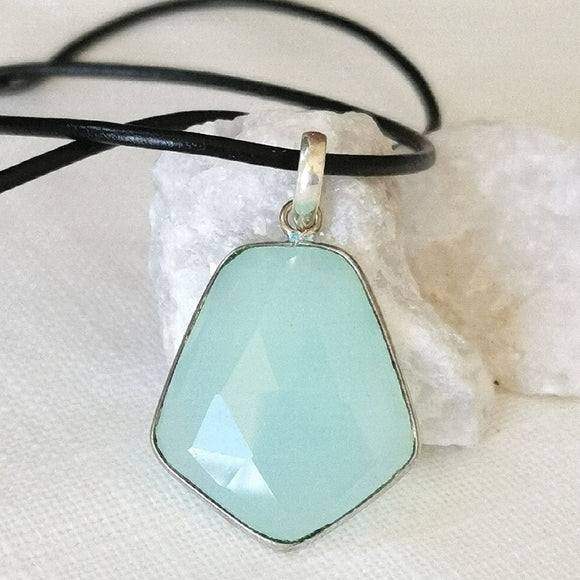 Faceted Aqua Chalcedony In Sterling Silver Pendant Necklace