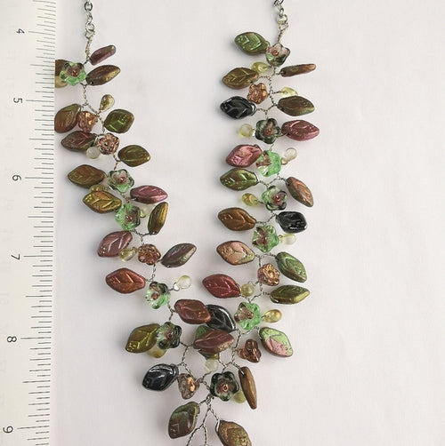 Vintage Czech Handmade Glass Flowers and Leaves Necklace