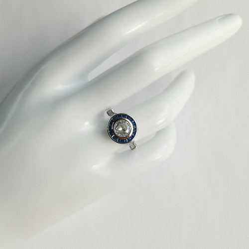 Art Deco Design White and Blue Sapphire Ring