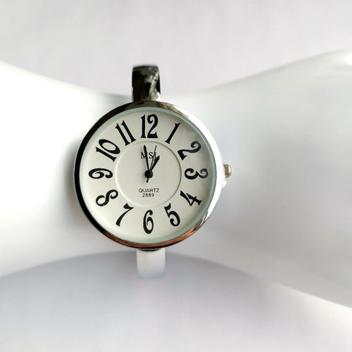 Silver Bangle Watch Large White Face Quartz Movement