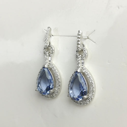 Ceylon Blue Sapphire Halo Teardrop Earrings in Sterling Silver