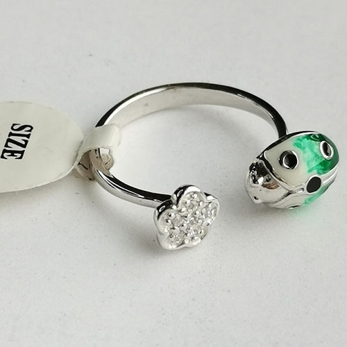 Ladybug Ring in Enamel and CZ Flower in Sterling Silver size 7