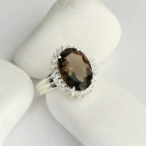 Smokey Topaz  / Smoky Quartz White Sapphire Halo Ring size 7