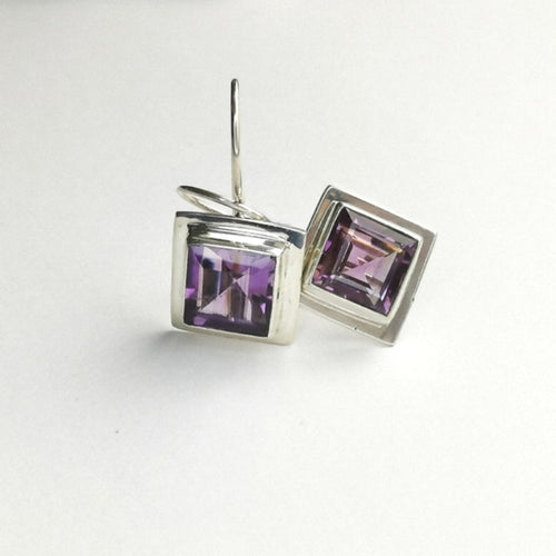 Square Cut Lavender Amethyst Drop Earrings in Sterling Silver