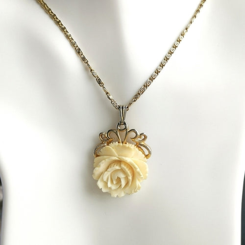 Vintage Mid Century Carved Rose Pendant Necklace