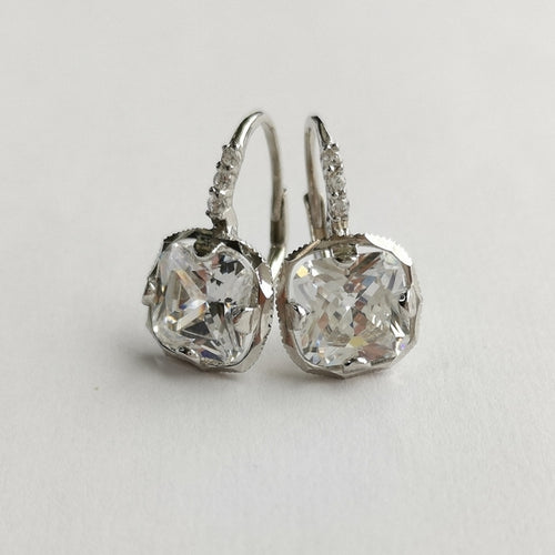 Radiant Cut CZ Drop Lever Back Earrings in Sterling Silver