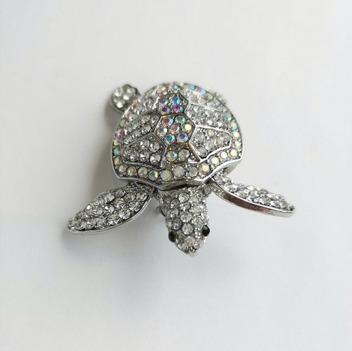 Crystal Sea Turtle Brooch / Pendant in Silver Tone