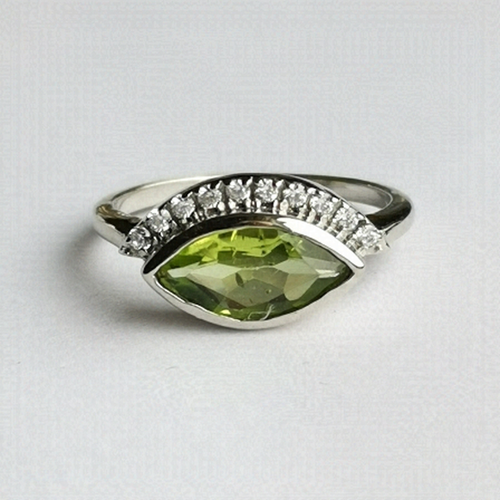 Marquise Peridot Ring in Sterling Silver with CZ accents size 8