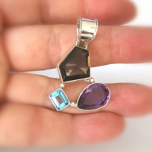 Smoky and BlueTopaz, Amethyst Pendant in Sterling Silver