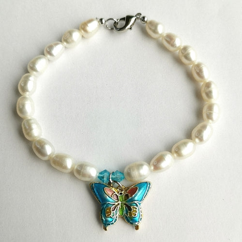 White Freshwater Pearl Bracelet Blue Cloisonne Enamel Butterfly Charm