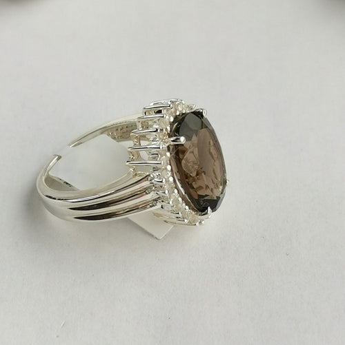 Smokey Topaz  / Smoky Quartz White Sapphire Halo Ring size 7