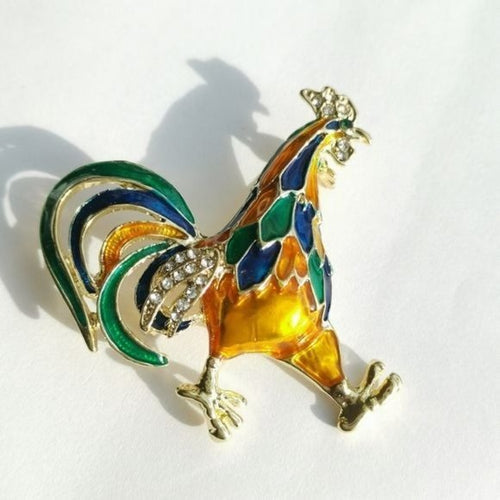 Golden Yellow Enamel and Crystal Rooster Brooch