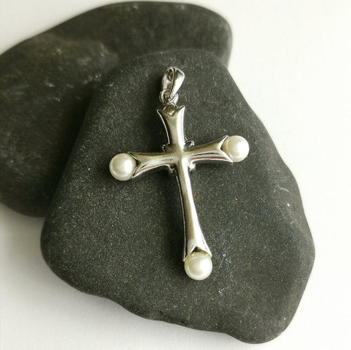 White Pearl CZ Cross Pendant in Sterling Silver