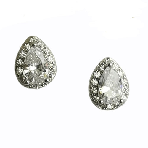 Teardrop CZ with Halo Stud Earrings in Sterling Silver