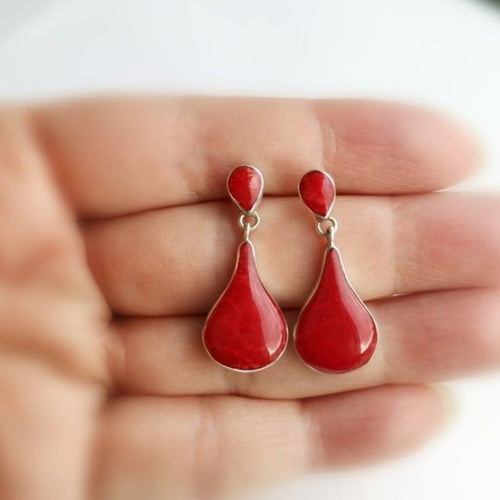 Teardrop Red Sponge Coral Earrings in Sterling Silver