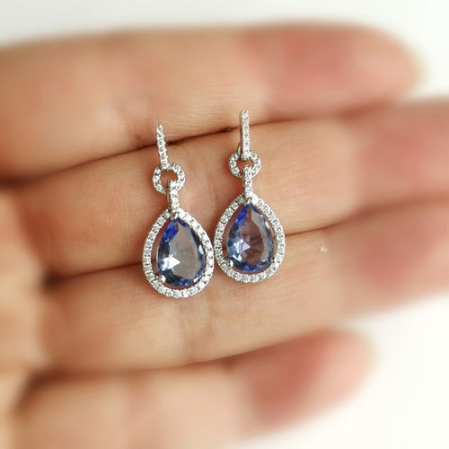 Ceylon Blue Sapphire Halo Teardrop Earrings in Sterling Silver