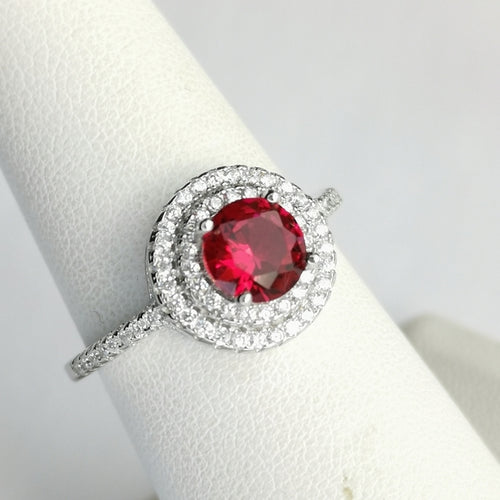 Ruby CZ Halo Ring in Sterling Silver