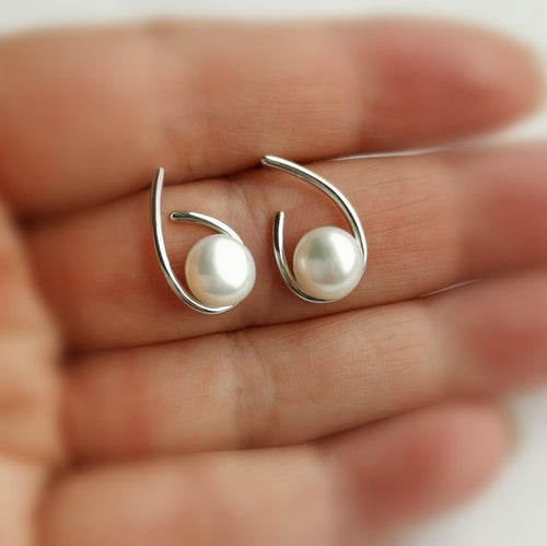 Modernist White Cultured Pearl Stud Earrings in Sterling Silver