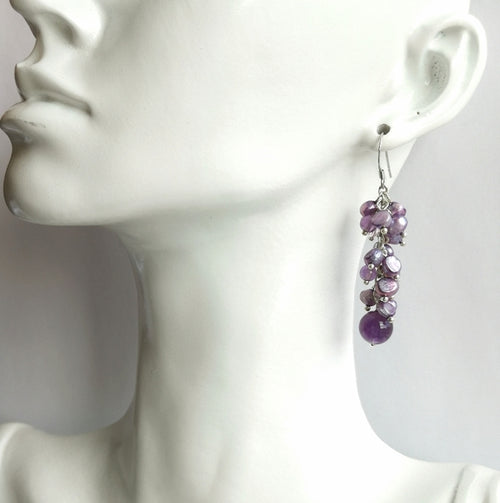 Lavender Purple Freshwater Pearl and Amethyst Grape Cluster Earrings