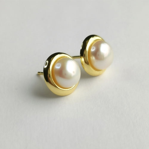 White Cultured Pearl Stud Earrings in 14k Gold Vermeil