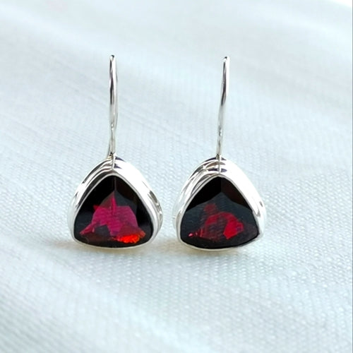 Trillion Cut Garnet Drop Earrings in Sterling Silver