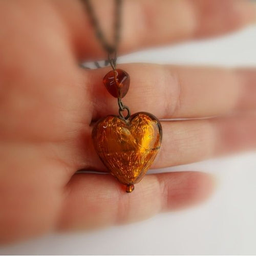 Murano Amber Glass Heart Necklace Earring Set
