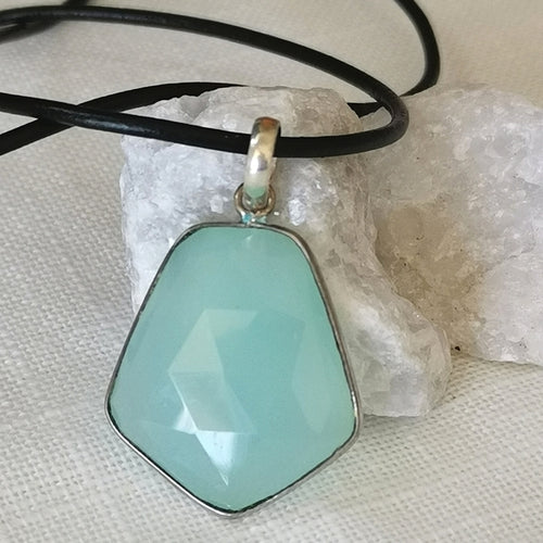 Faceted Aqua Chalcedony In Sterling Silver Pendant Necklace