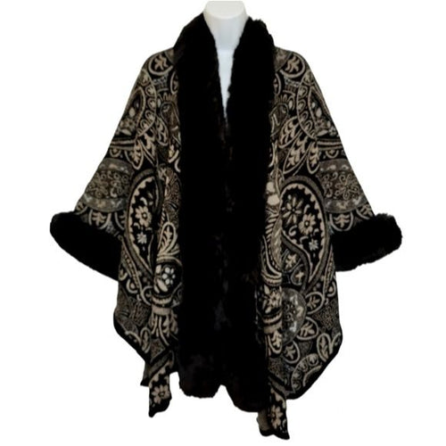 Paisley Black Cape with Faux Fur Trim one size