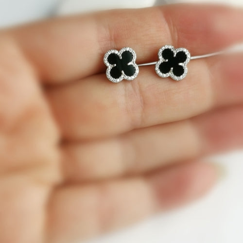 Black Onyx with CZ Clover Flower Earrings