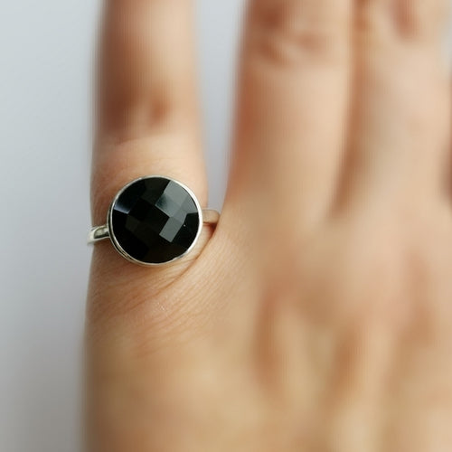 Black Onyx Checkerboard Cut Ring in Sterling Silver size 6