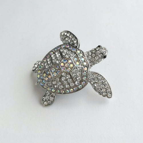 Crystal Sea Turtle Brooch / Pendant in Silver Tone