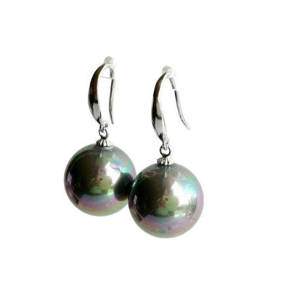 Peacock Grey Shell Pearl Drop Earrings on Sterling Silver French Hooks