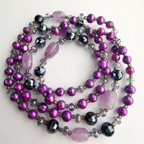 Feshwater Purple Pearl, Amethyst and Crystal Rope Necklace