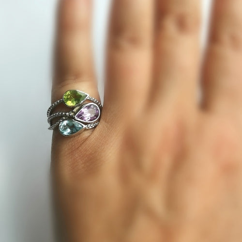 3 Gemstone Ring Peridot, Amethyst, Topaz in Sterling Silver