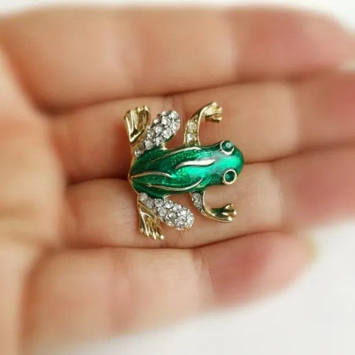 Green Crystal and Enamel Frog Brooch