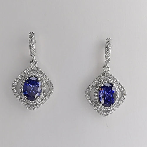 Blue and White Sapphire Halo Drop Earrings in Sterling Silver