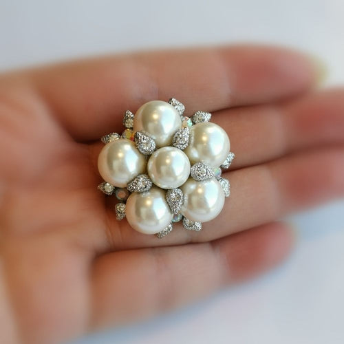 White Faux Pearl and Crystal Cluster Brooch in Silver Tone