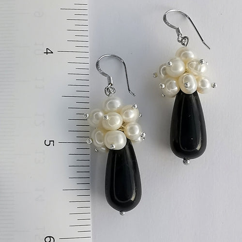 White Freshwater Pearl Cluster & Black Onyx Drop Earrings
